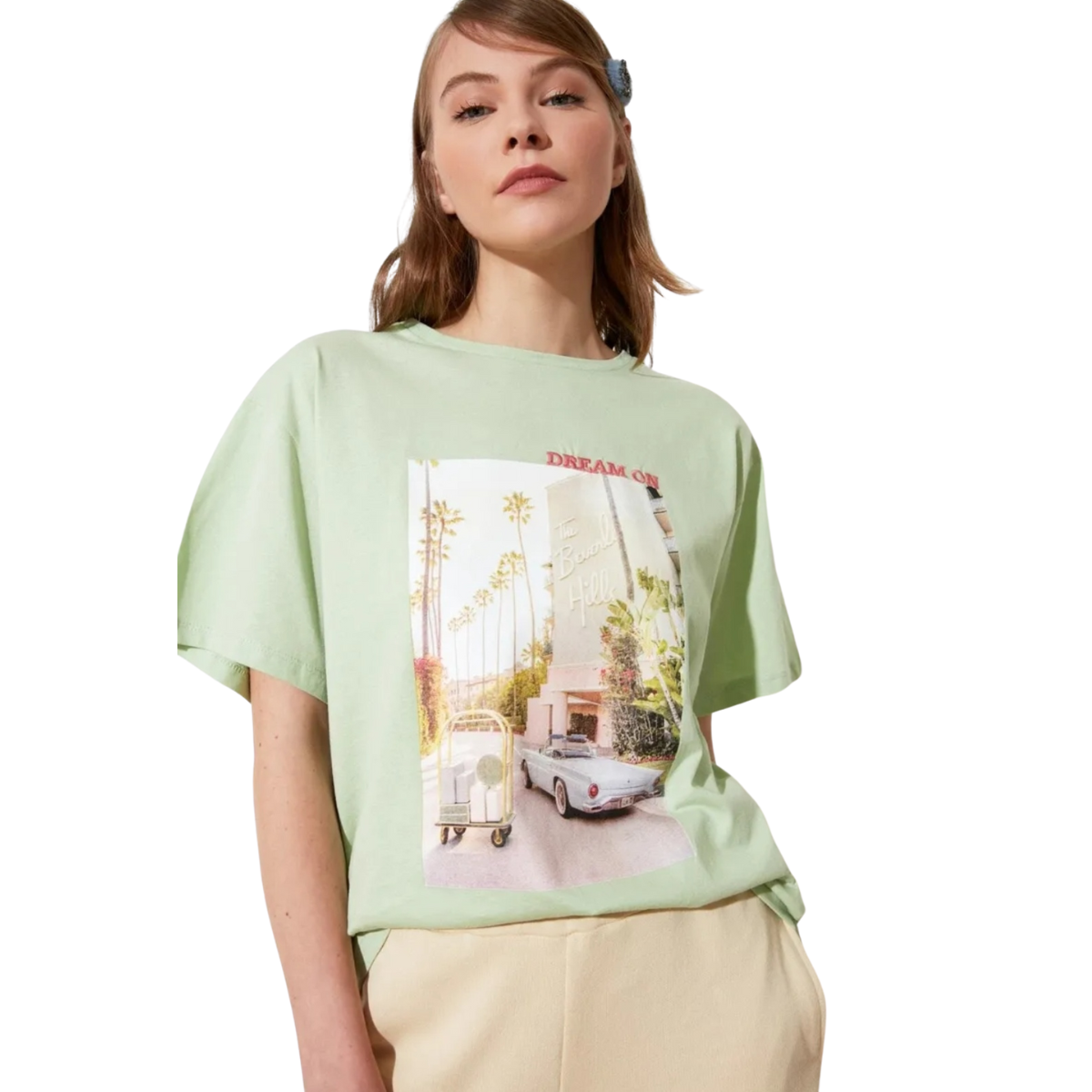 Blusa Playera Mangas Cortas Holgada Color Menta Talla Mediana-Grande Moda Mujer