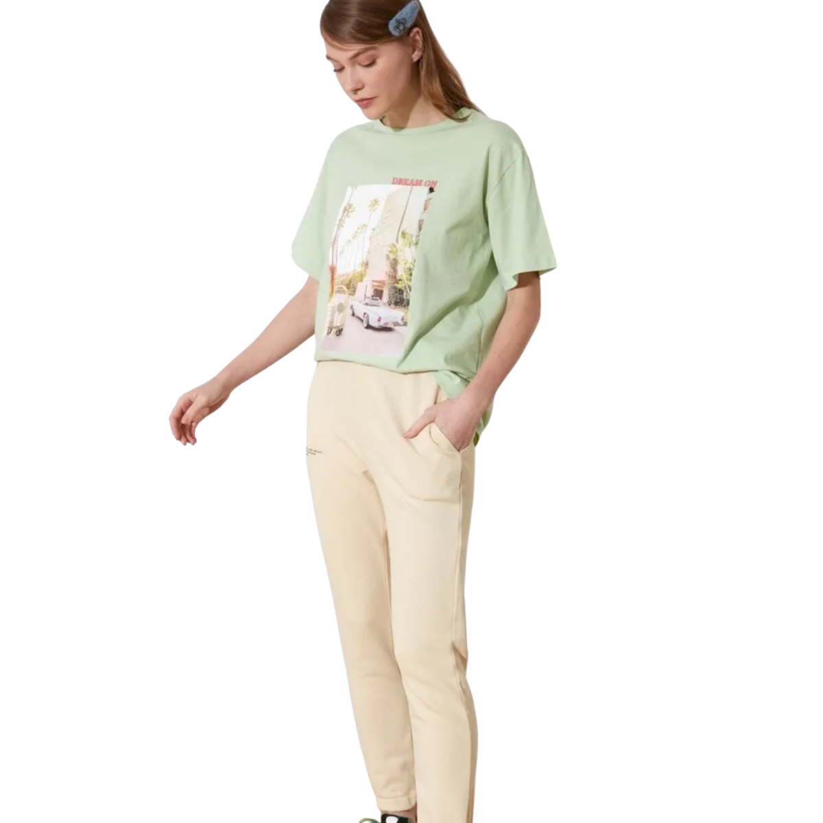 Blusa Playera Mangas Cortas Holgada Color Menta Talla Mediana-Grande Moda Mujer