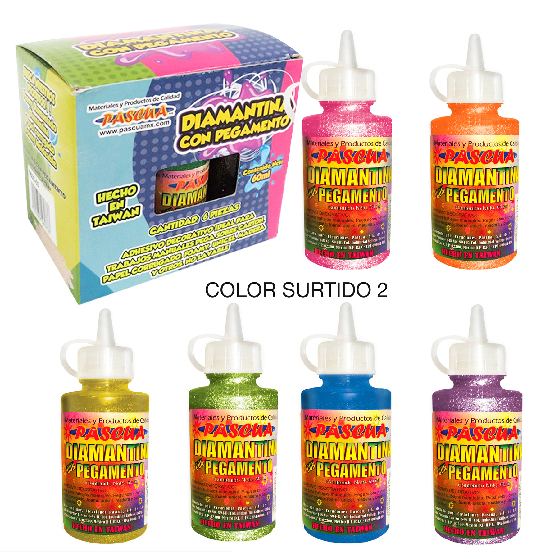 6 PEGAMENTO GLITTER CON DIAMANTINA 60 ML, CAJA CON 6 COLORES SURTIDOS O POR COLOR