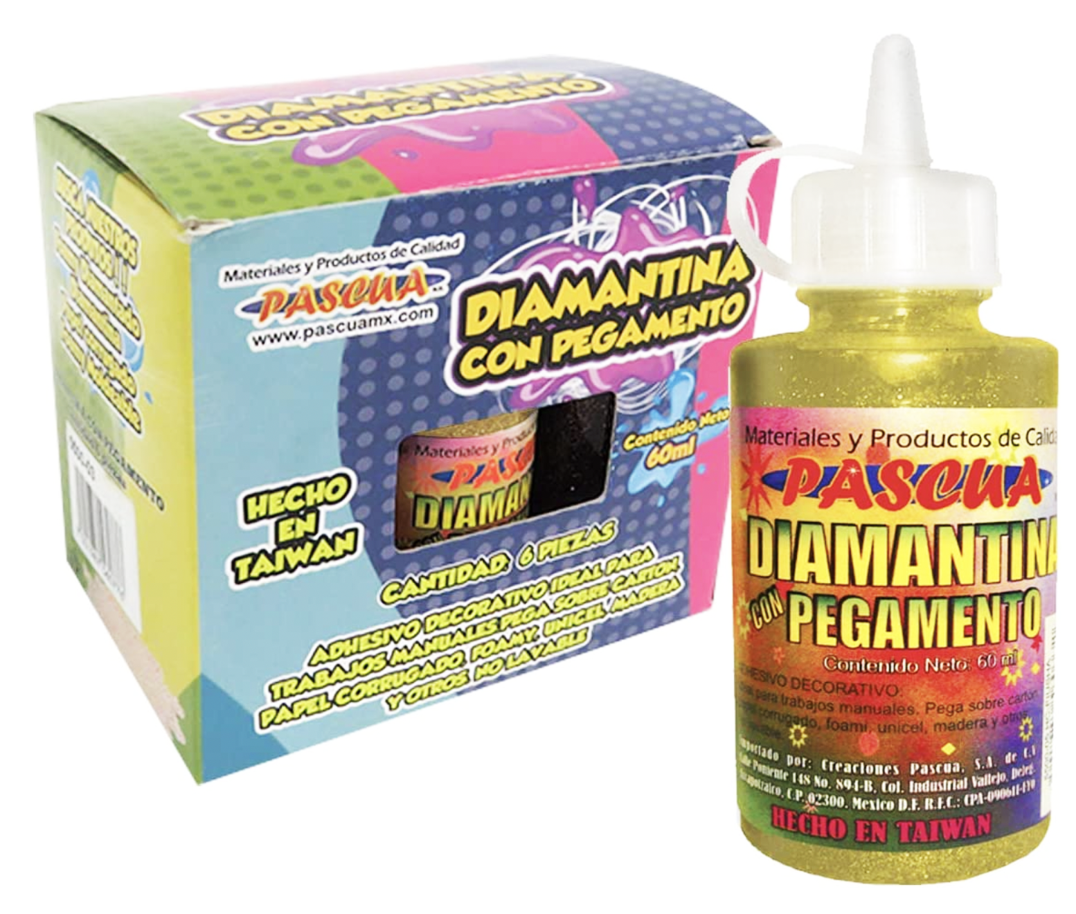 6 PEGAMENTO GLITTER CON DIAMANTINA 60 ML, CAJA CON 6 COLORES SURTIDOS O POR COLOR