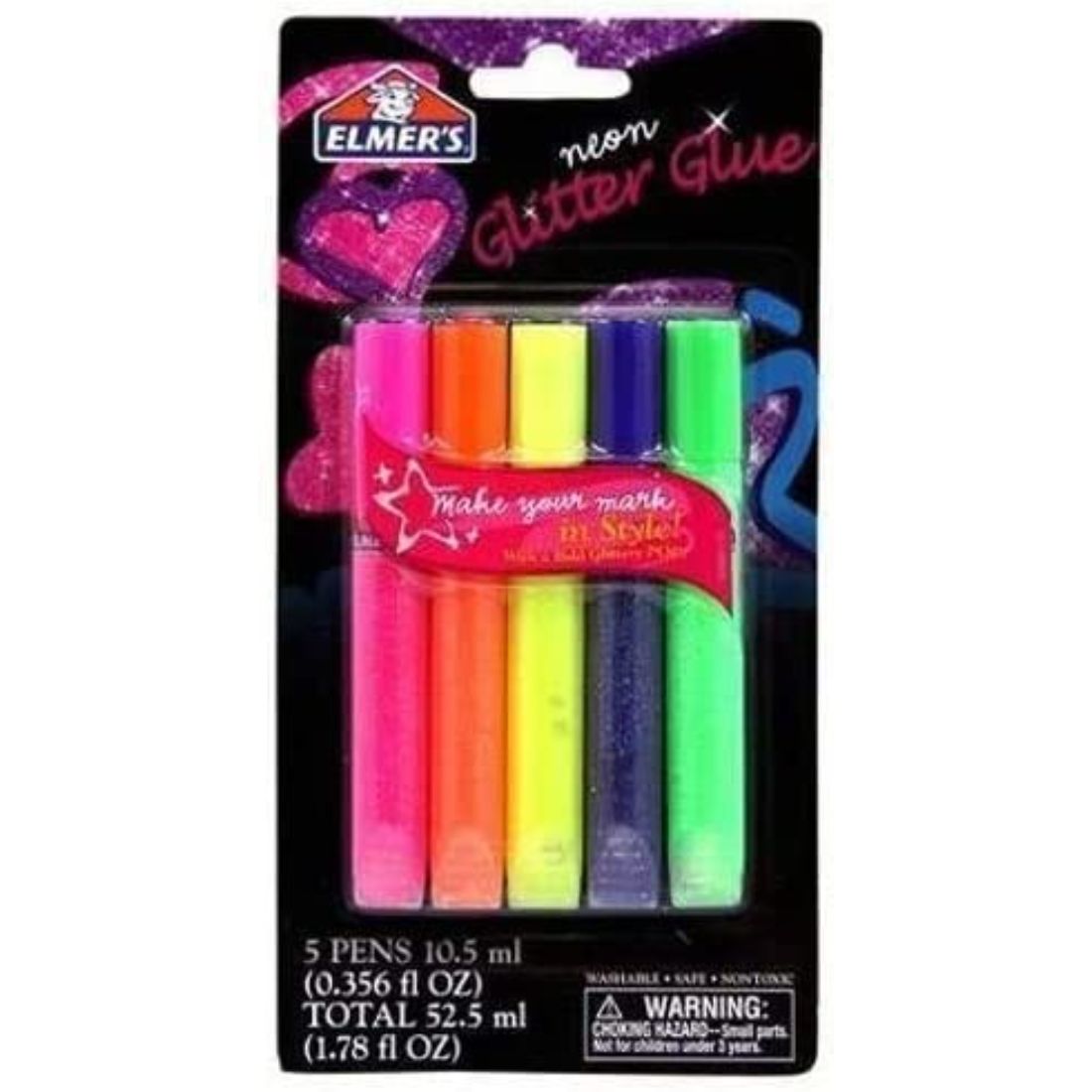 Elmers Paquete de 5 tubos de pegamento neón brillante 3D con purpurina