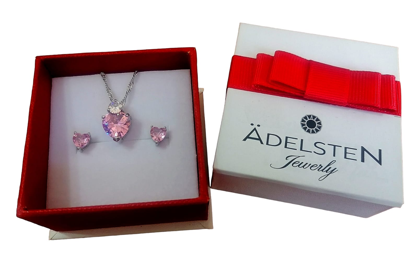 Set Corazon Rosa ADELSTEN en Chapa de Rodio y SWAROVSKI ELEMENTS INCLUYE DE REGALO ARETES DIAMOND Y CAJA PARA REGALO