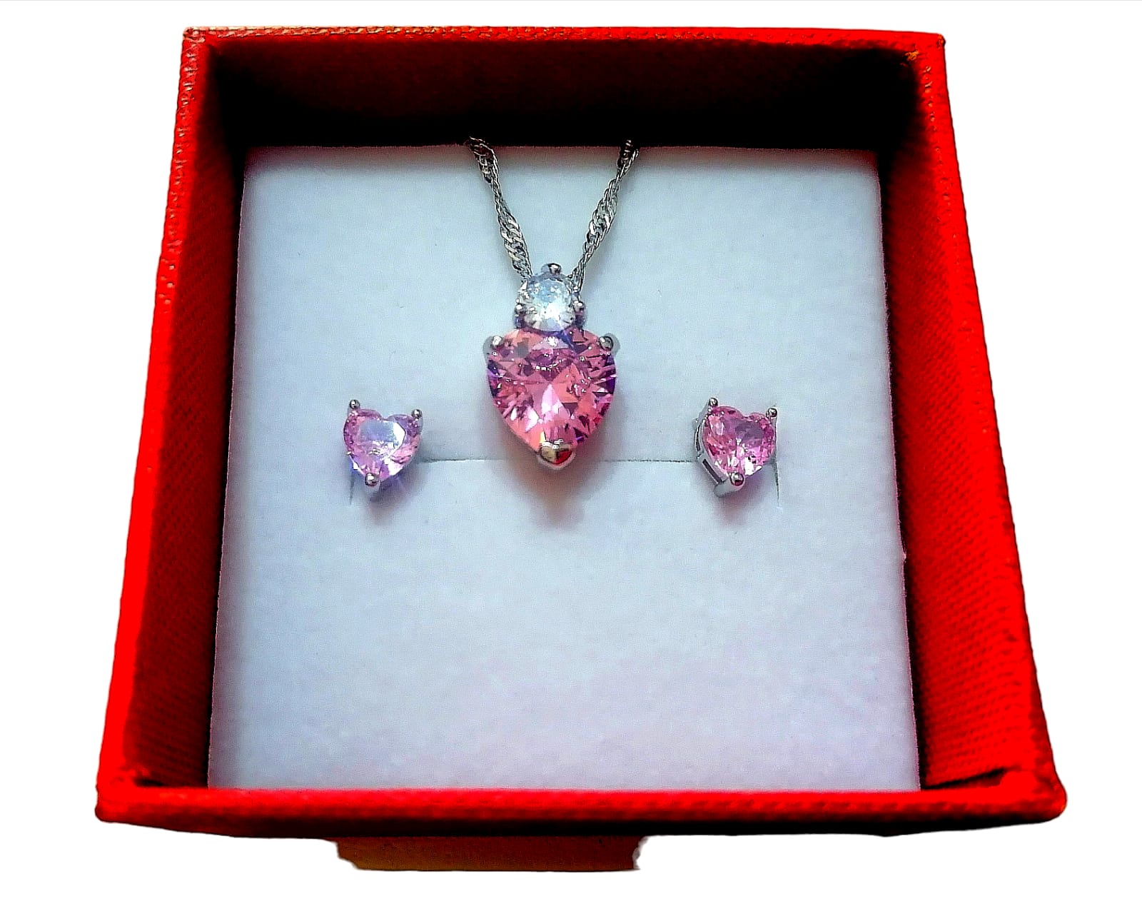 Set Corazon Rosa ADELSTEN en Chapa de Rodio y SWAROVSKI ELEMENTS INCLUYE DE REGALO ARETES DIAMOND Y CAJA PARA REGALO
