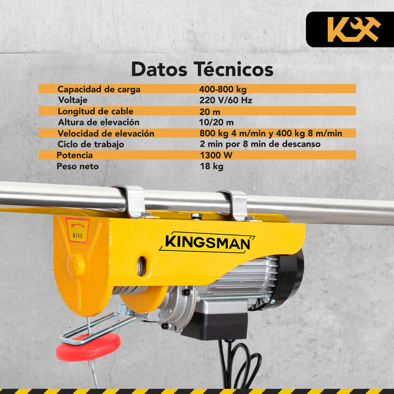 Polipasto Electrico 400-800 Kg 220 V con Cable 20 m 7/32 PA800A Kingsman 