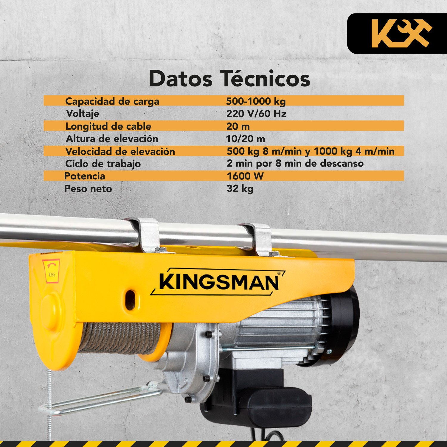 Polipasto Electrico Cable 20m Carga 500 A 1000 Kilos 220v 