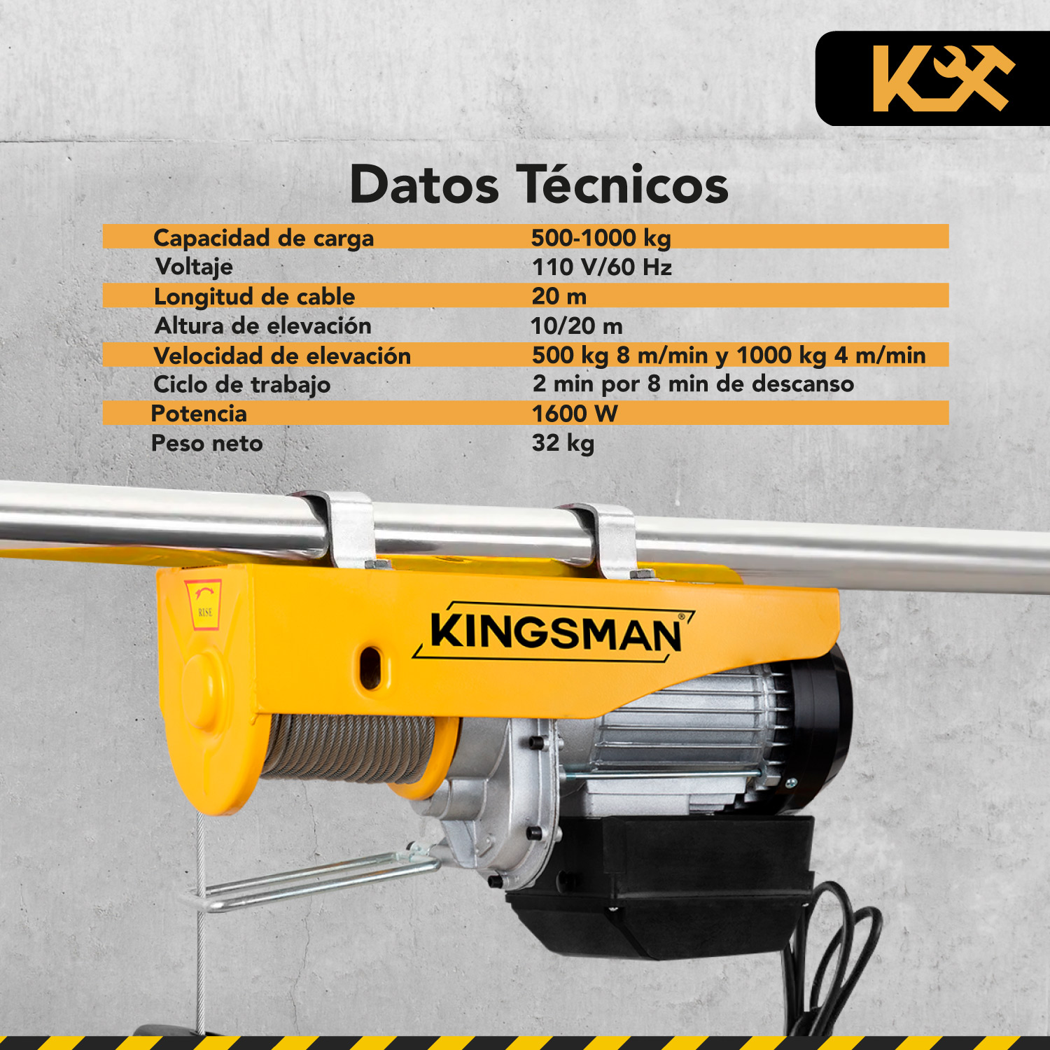 Polipasto Electrico 110v Control Inalambrico 500/1000kg 20m