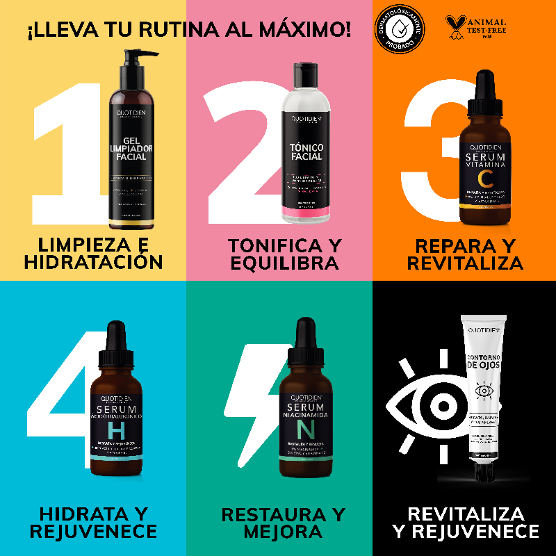 Kit Limpiador + Tónico + Serum Vitamina C + Serum Niacinamida + Suero Acido Hialuronico + Gel Contorno de Ojos Skin Care Facial Quotidien