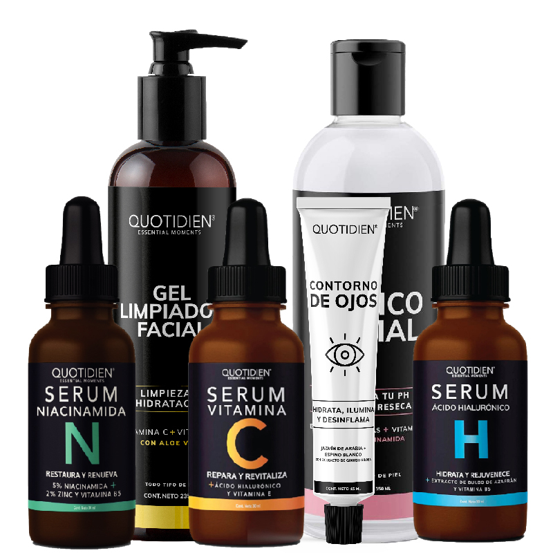 Kit Limpiador + Tónico + Serum Vitamina C + Serum Niacinamida + Suero Acido Hialuronico + Gel Contorno de Ojos Skin Care Facial Quotidien