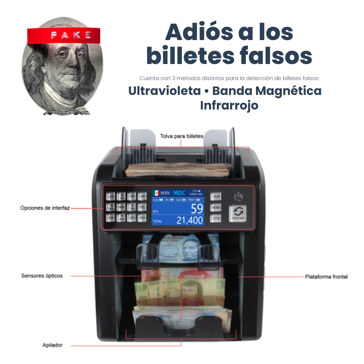 Contador Billetes Bancario Con Doble Bandeja Kishnell Kb06