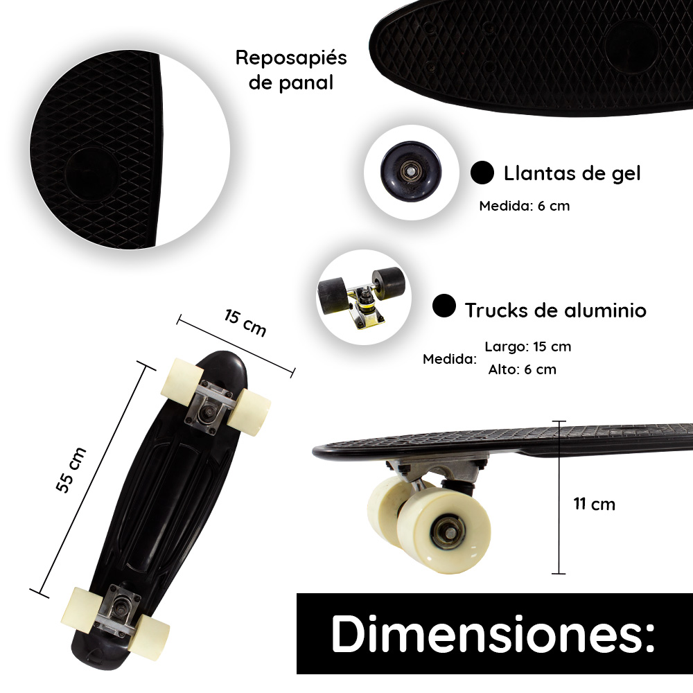 Patineta Skate Penny Clásica Negra Llantas Blancas Caras Lisas Poliuretano