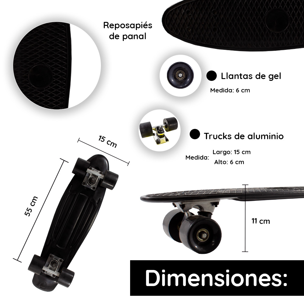 Patineta Skate Penny Clásica Negra Llantas Negras Caras Lisas Poliuretano