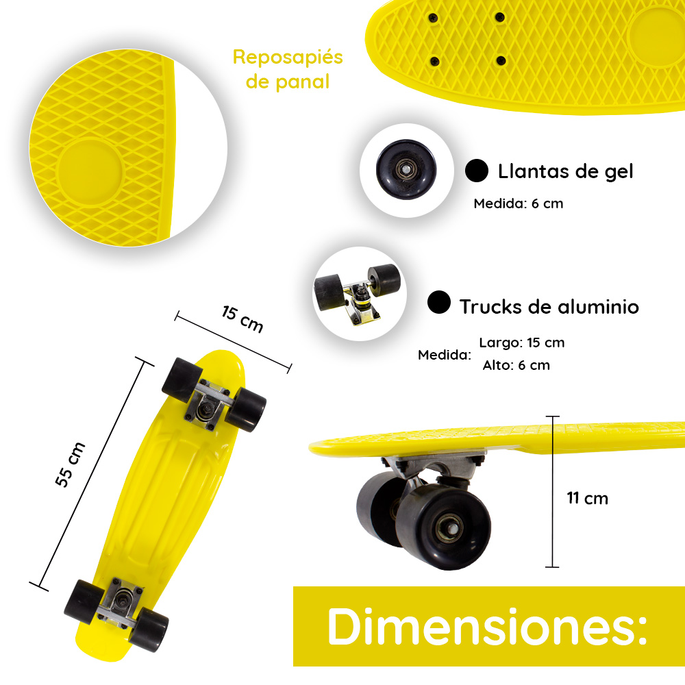 Patineta Skate Penny Clásica Amarilla Llantas Negras Caras Lisas Poliuretano