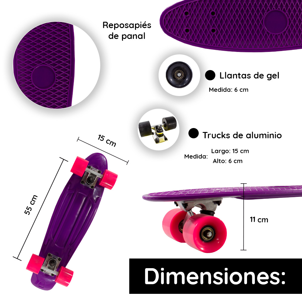 Patineta Skate Penny Clásica Morada Llantas Rosa Caras Lisas Poliuretano