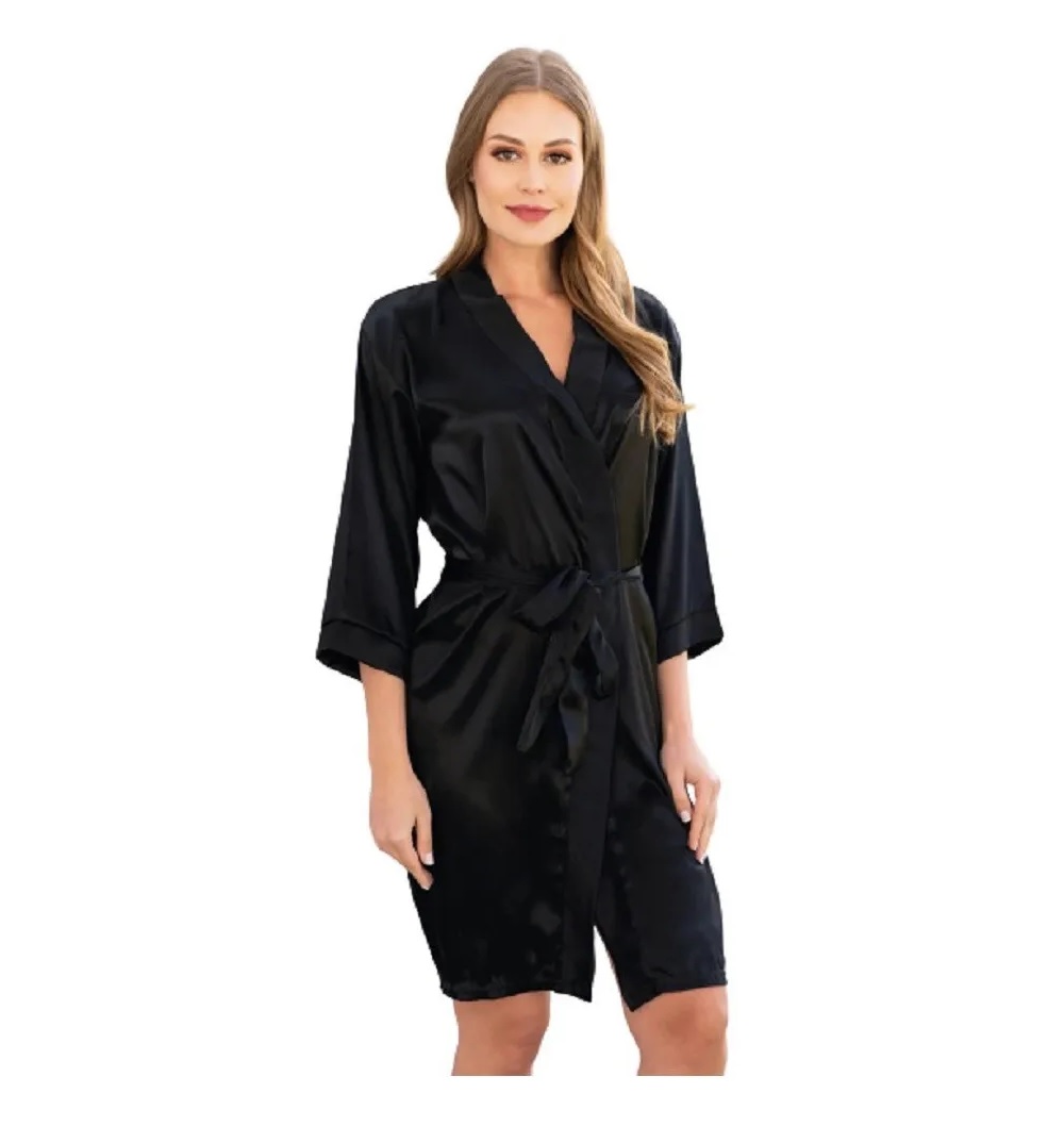 Bata Chica Satín Elegante Dama Ultra Suave Ligera Negra Tesso