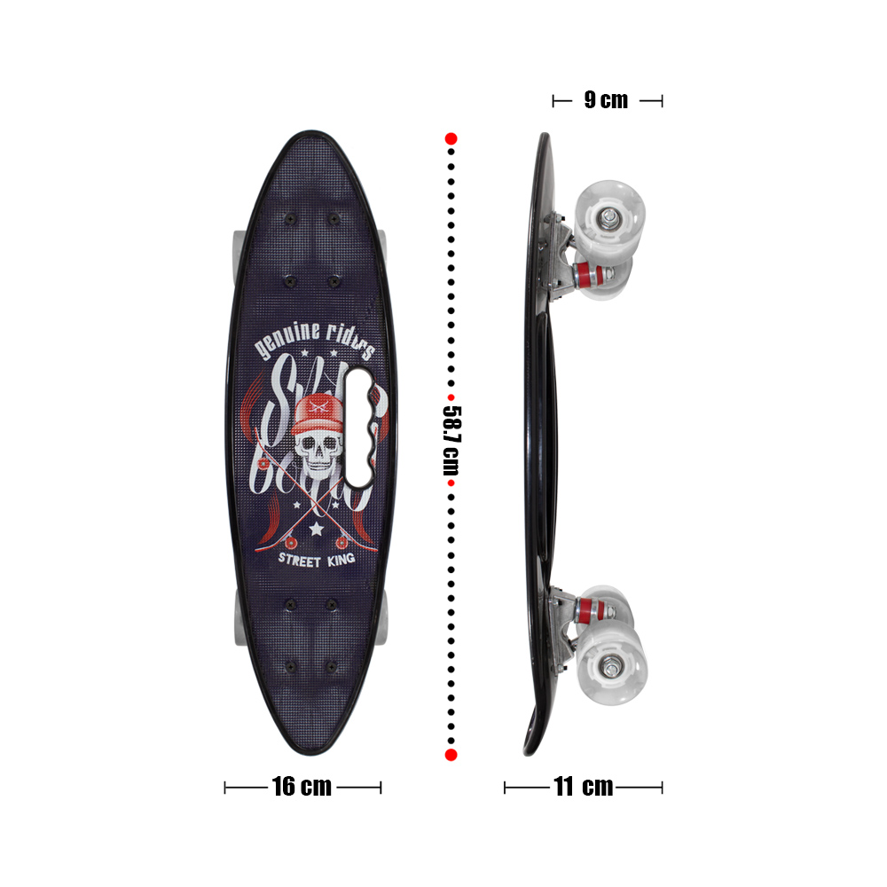 Patineta Skate Penny Surf Agarradera Estampada Pirata Negro Llantas Luz Led