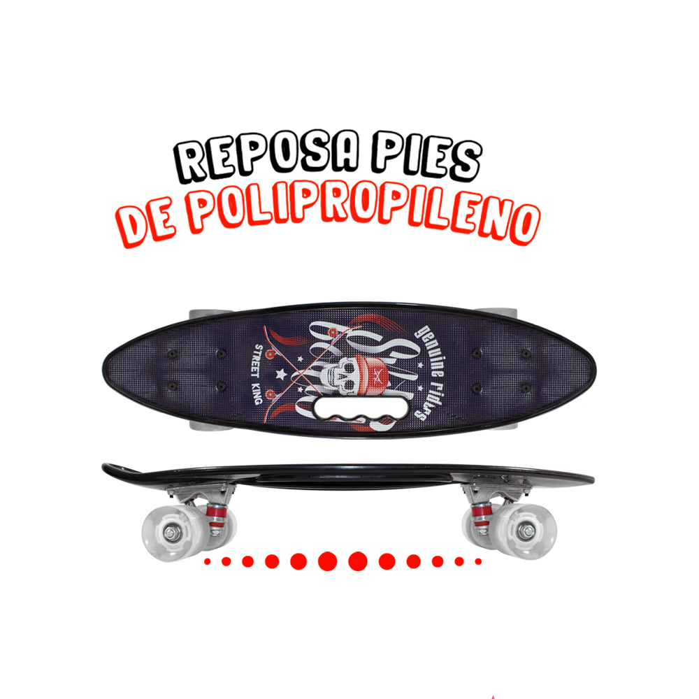 Patineta Skate Penny Surf Agarradera Estampada Pirata Negro Llantas Luz Led