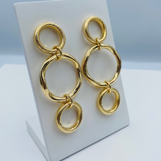Aretes Largos 3 Aros- Baño de oro 18K Dorado 