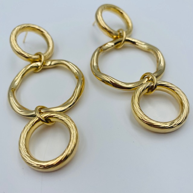 Aretes Largos 3 Aros- Baño de oro 18K Dorado 