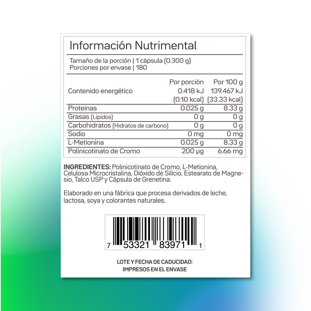 CRO-200 180 cápsulas con 0.300 g de Polinicotinato de Cromo