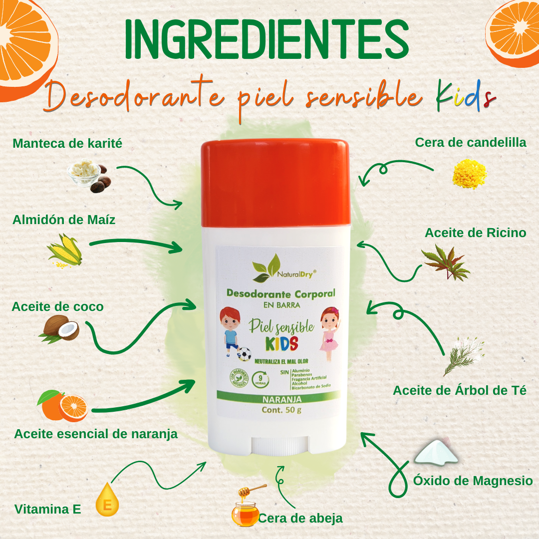 NaturalDry-1 Desodorante corporal en barra piel sensible Kids-Sin aluminio-Neutraliza el mal olor