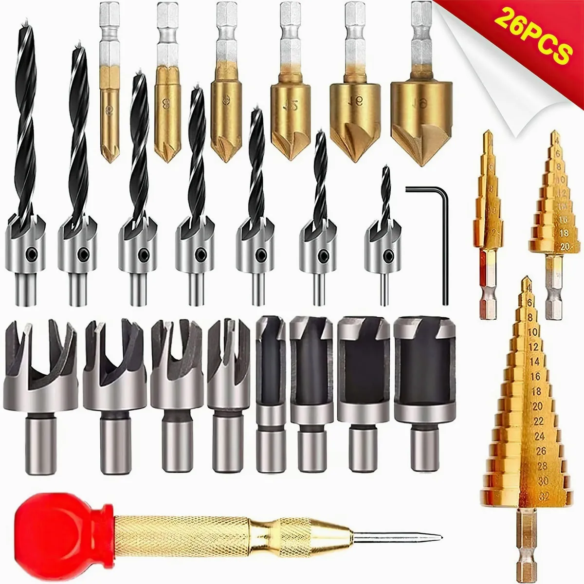 Kit Taladro Avellanador De Paso Redondo Broca Accesorios 26 Pcs