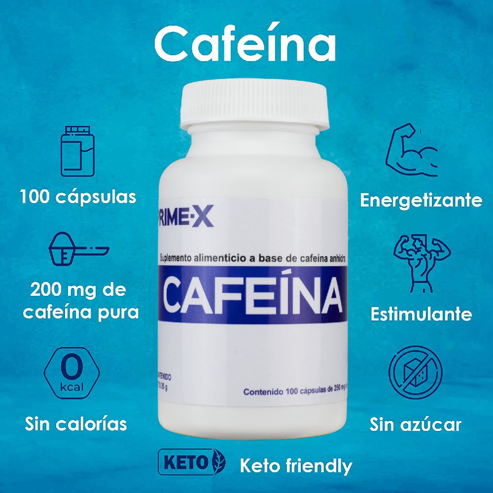 Cafeína Primetech 100 caps 200 mg c/u