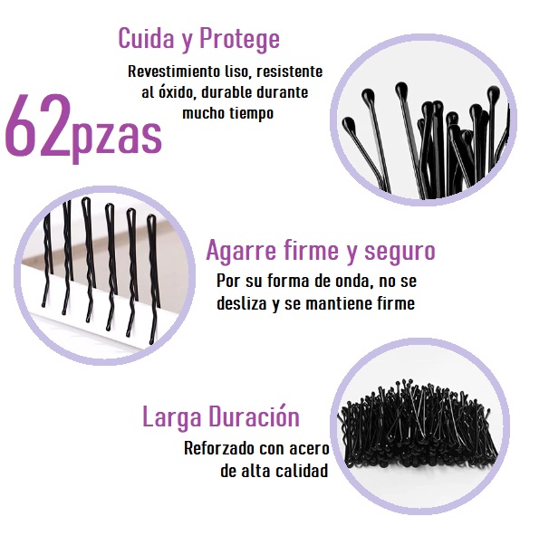 Horquillas, Pasador Negro, 62 piezas para Mujeres y Niñas, Clips de Pelo Ondulados de Metal 