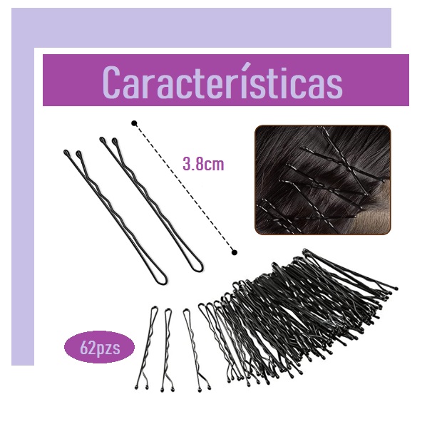 Horquillas, Pasador Negro, 62 piezas para Mujeres y Niñas, Clips de Pelo Ondulados de Metal 