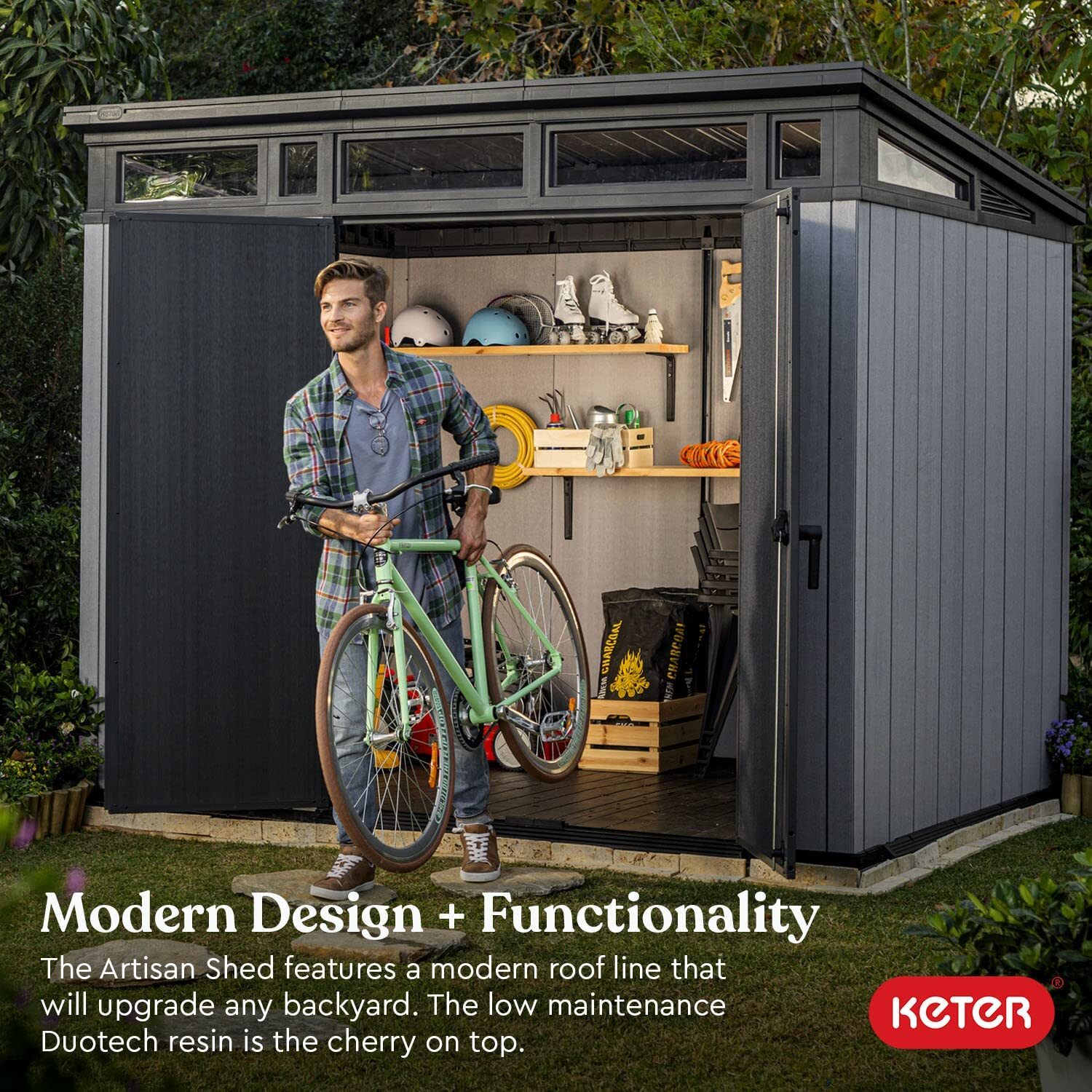 Keter Artisan Cobertizo Grande para Exteriores de 9 x 7 pies con Suelo con diseño Moderno para Muebles de Patio, cortacésped, Herramientas y Almacenamiento de Bicicletas, pies, Gris/Negro