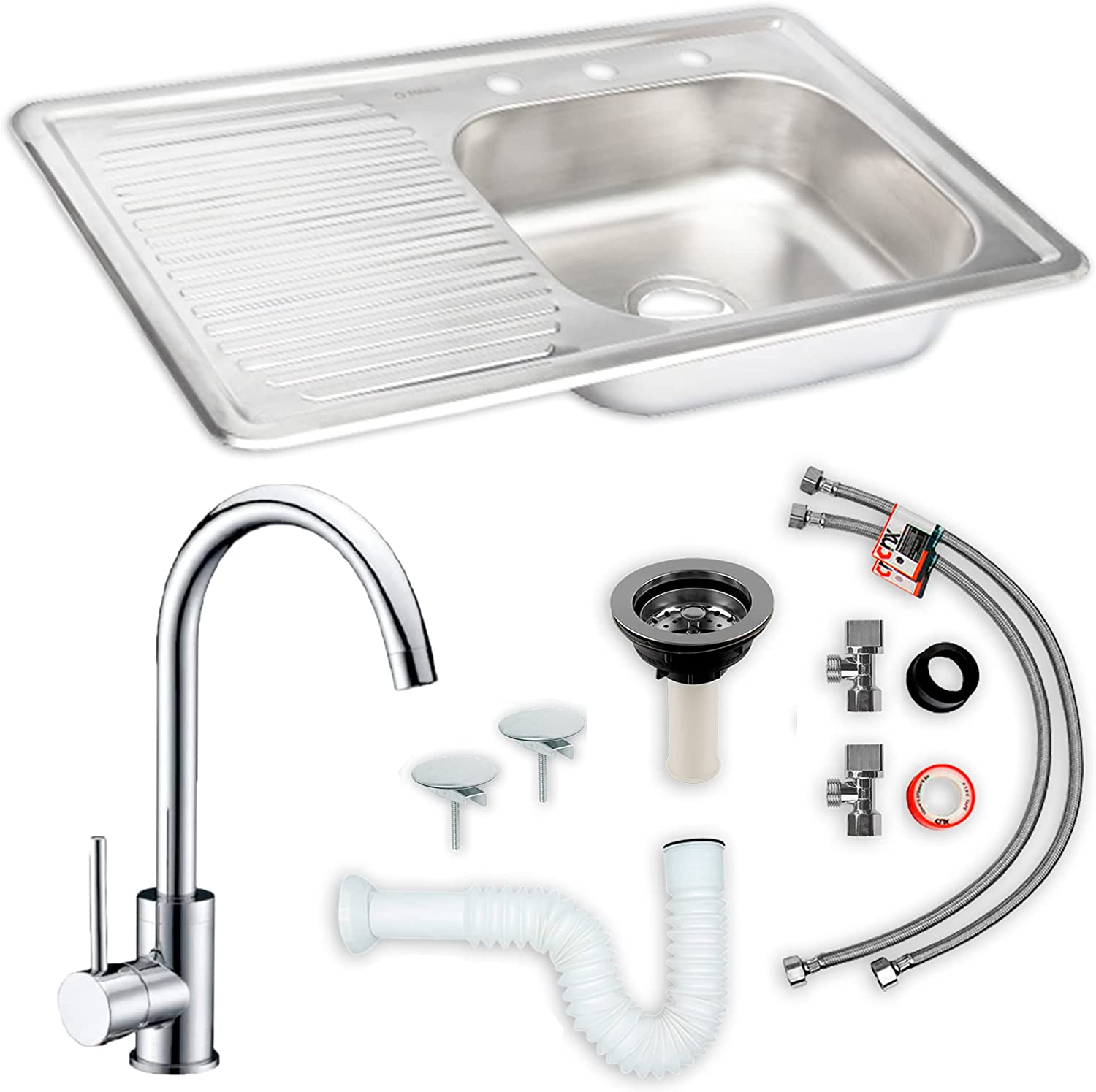 Tarja con Escurridero Izquierdo en Acero Inoxidable, Mezcladora Monomando y Kit de instalación (80 x 50 cm)