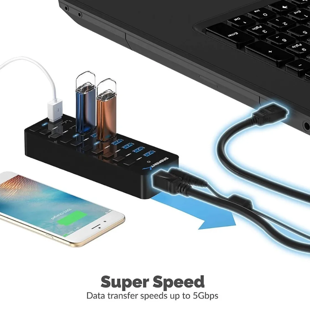 HUB 7 puertos USB 3.0 SABRENT HB-BUP7 36W interruptores independientes