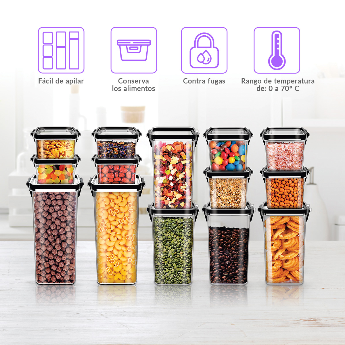 Set 14 Contenedores Herméticos Para Almacenamiento de Alimentos Cocina Tv Ofertas Transparente Tapa con broches de seguridad