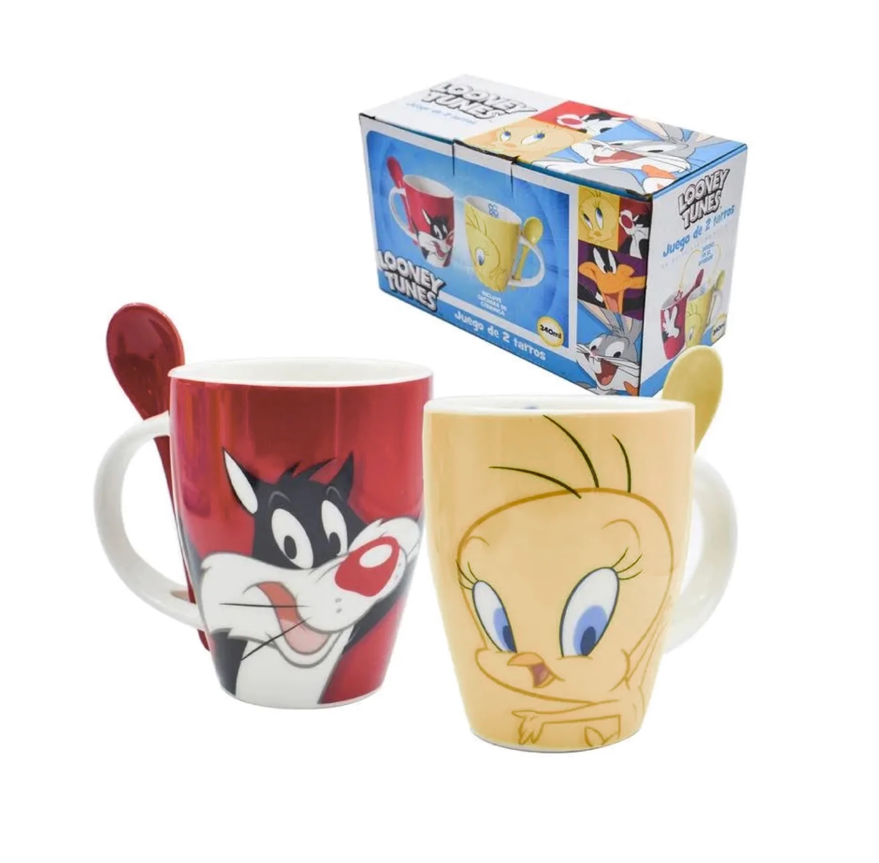 Looney Tunes Juego De 2 Tazas Con Cuchara De Pareja Piolin & Silvestre