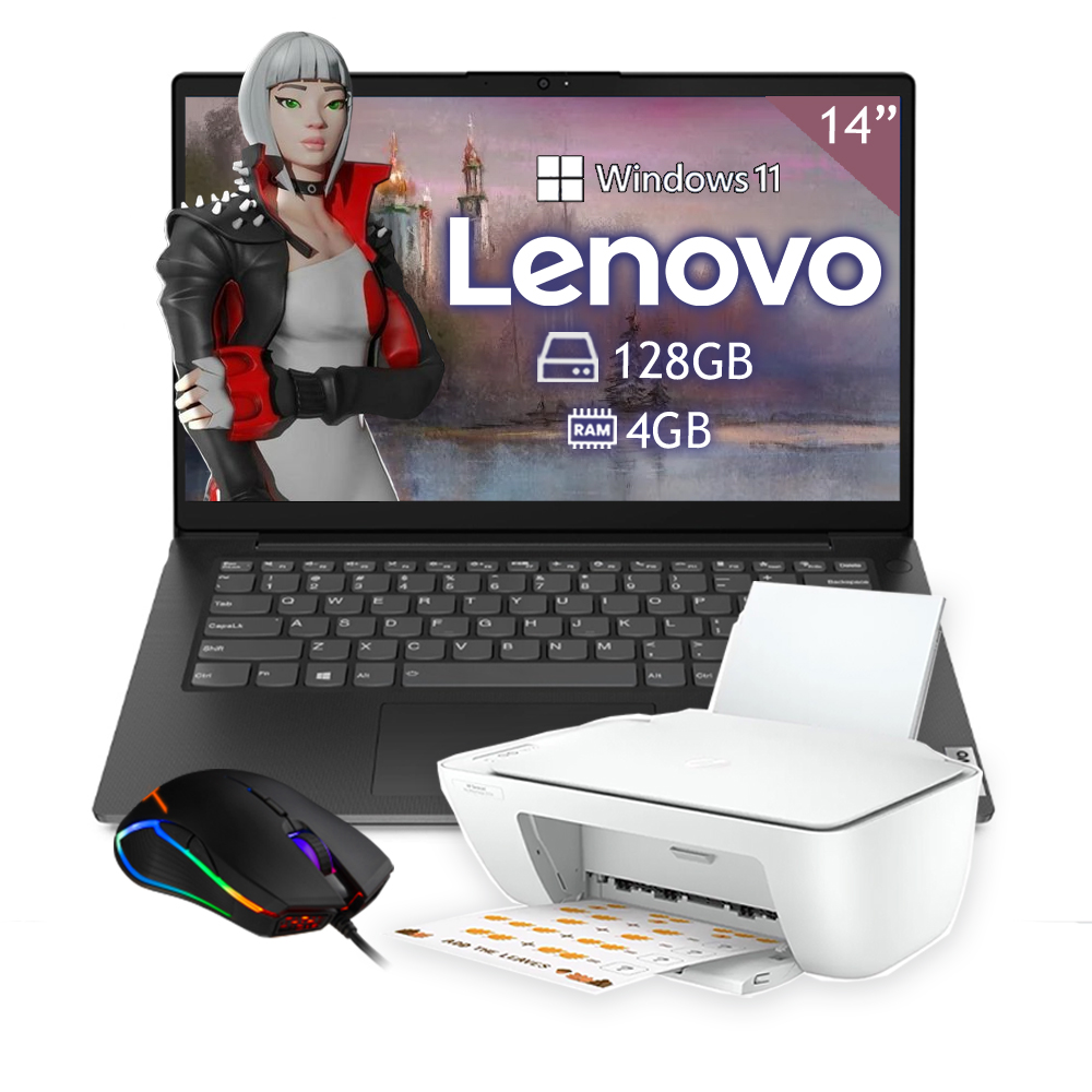 Laptop Lenovo V14 G2 IJL Celeron N4500 128GB-4GB Ram Windows 11- Negro + Impresora + mouse