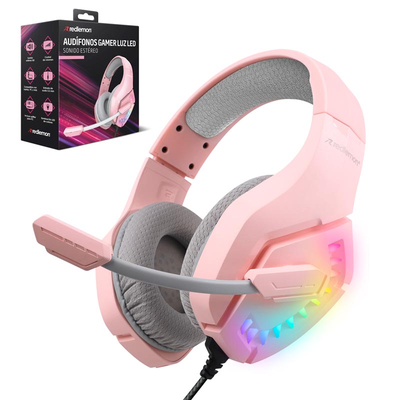 Audífonos Gamer Rosas de Diadema HD 360 Luz LED G5600 Redlemon