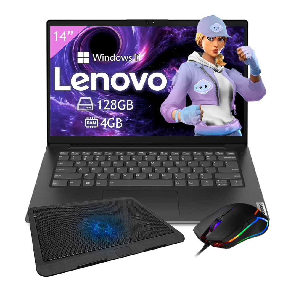 Laptop Lenovo V14 G2 IJL Celeron N4500 128GB-4GB Ram Windows 11- Negro + Base enfriadora + mouse