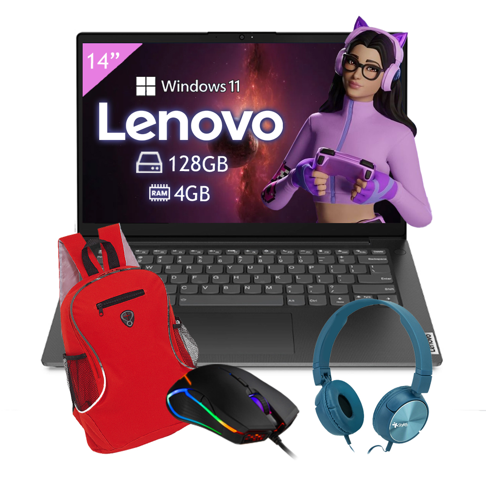 Laptop Lenovo V14 G2 IJL Celeron N4500 128GB-4GB Ram Windows 11 - Negro + Audifono + mochila + mouse