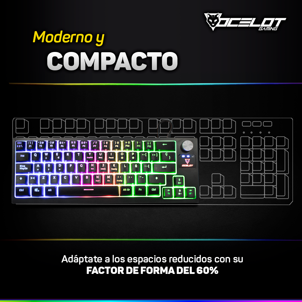 Teclado Ocelot Gaming OK-M60, de Membrana, USB, RGB, 60%, Negro.