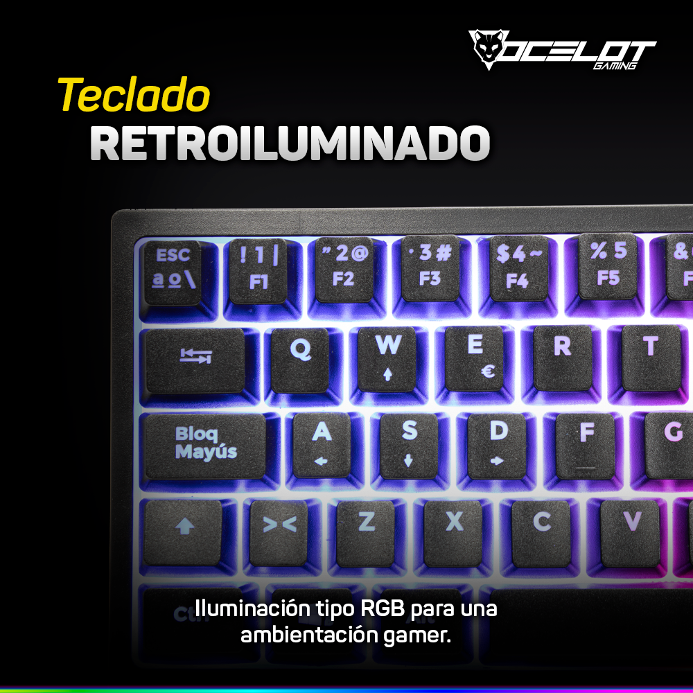 Teclado Ocelot Gaming OK-M60, de Membrana, USB, RGB, 60%, Negro.