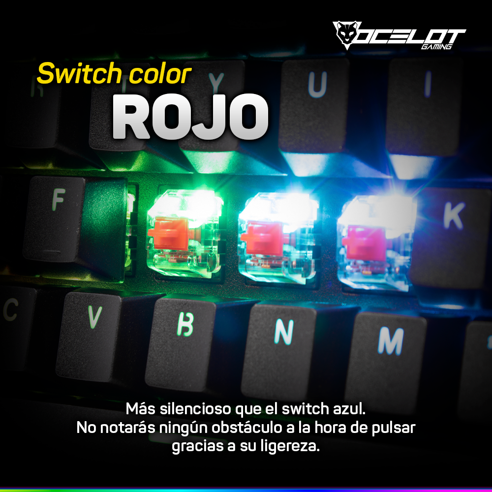Teclado Mecanico TKL Ocelot Gaming OK-TKL2 Iluminacion Full RGB/ Switch Rojo/  Negro