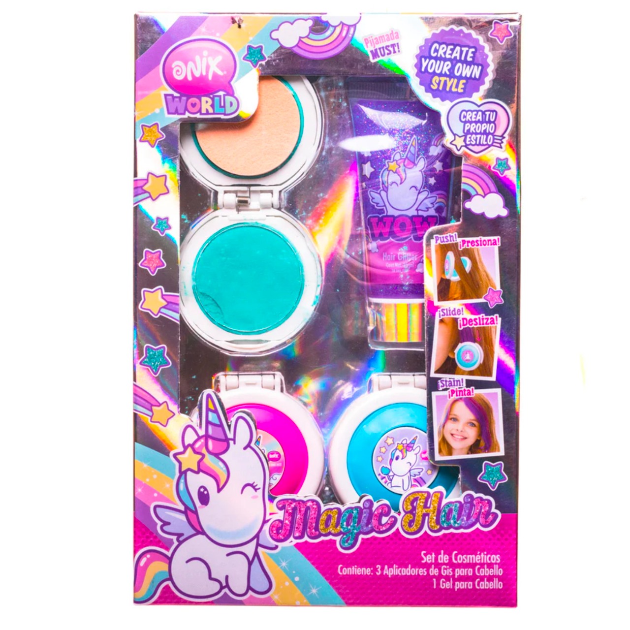 Set De Juego Pinta Cabello Mechas Coloridas Y Glitter Unicornio Mechitas Colores Niñas Juguete