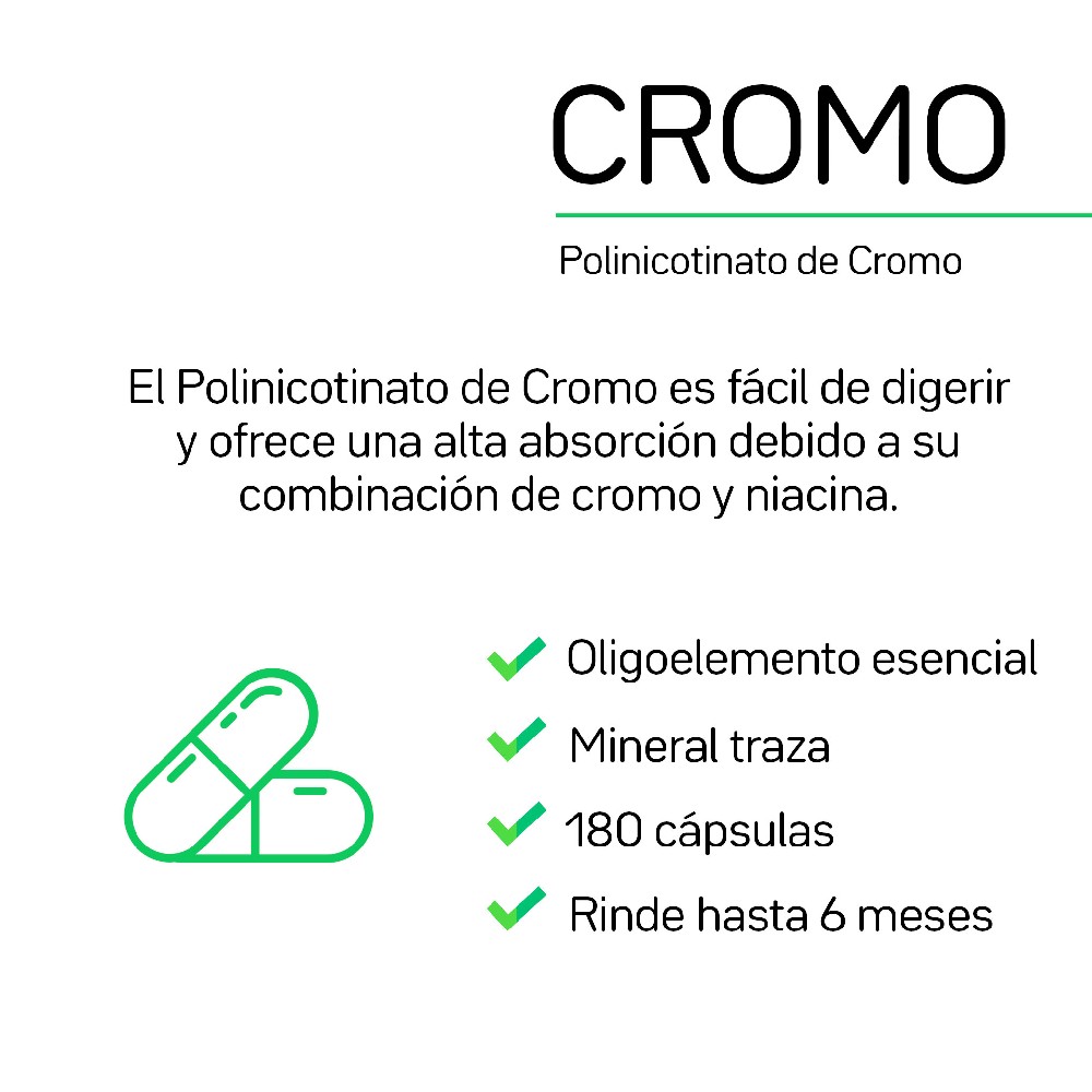 CRO-200 180 cápsulas con 0.300 g de Polinicotinato de Cromo