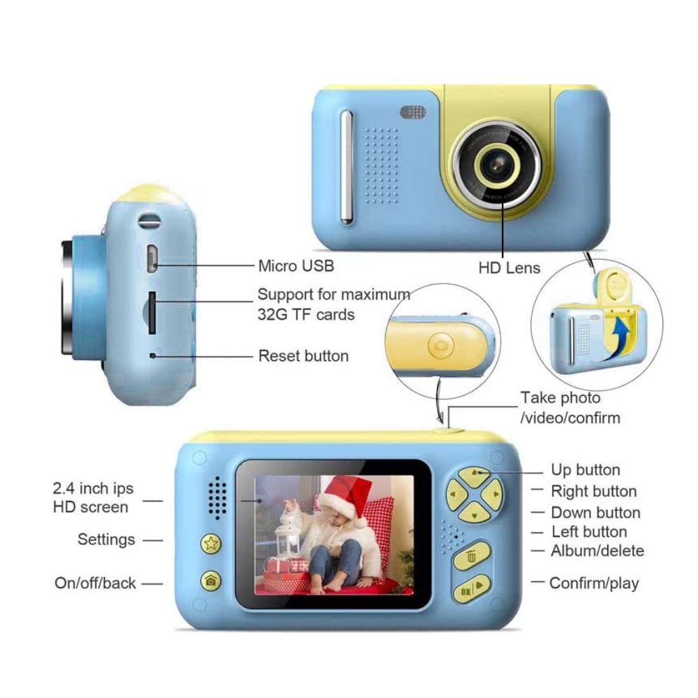 Cámara digital con lente giratorio 180 grados Gadgets&Fun tripie incluido para niños