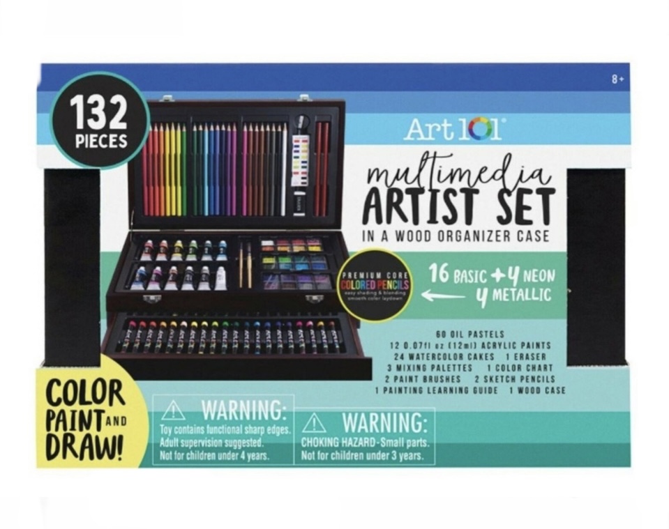 Art 101 Set de Arte con 132 piezas, Pinturas, Oleo, acuarelas, pastel