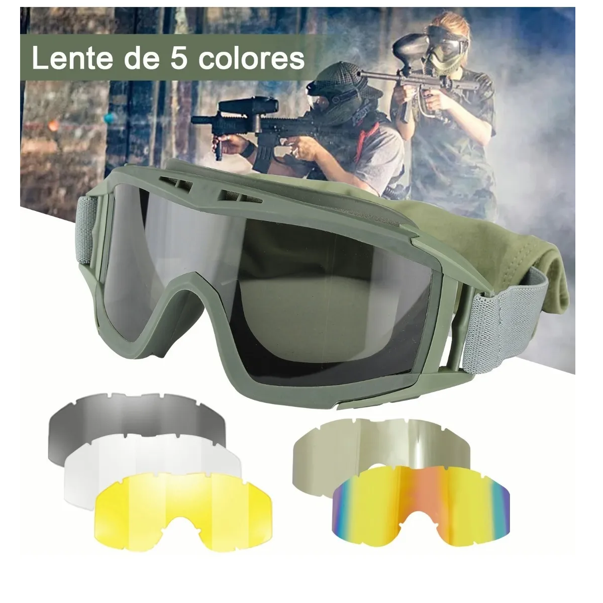 Gafas Tácticas Goggle Militares Con 5 lentes Verde Militar