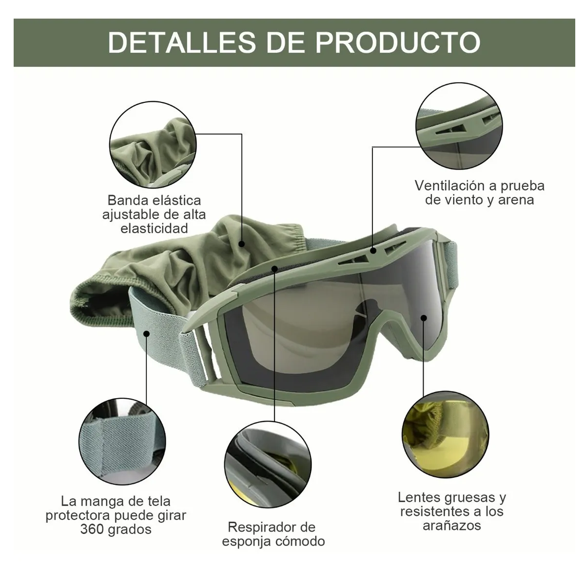 Gafas Tácticas Goggle Militares Con 5 lentes Verde Militar