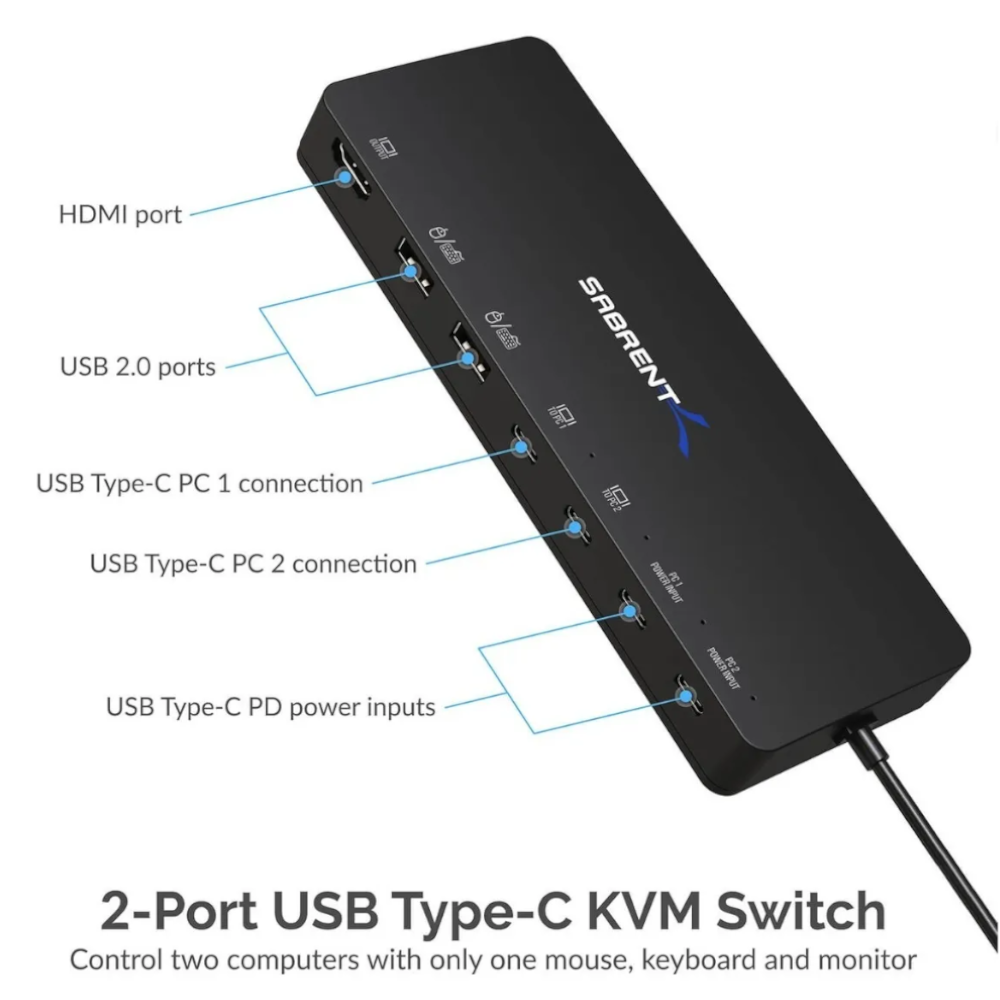 Switch KVM USB C SABRENT USB-KCPD 2 PC con USB-C PD y HDMI