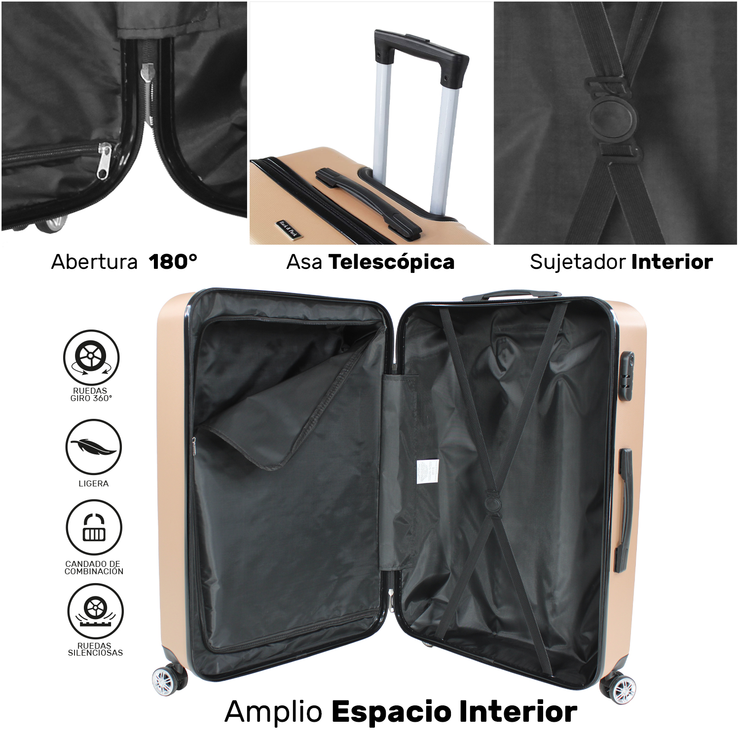 Set Juego 4 Maletas Viaje Ultra Resistentes 4 Ruedas 360 Dorado