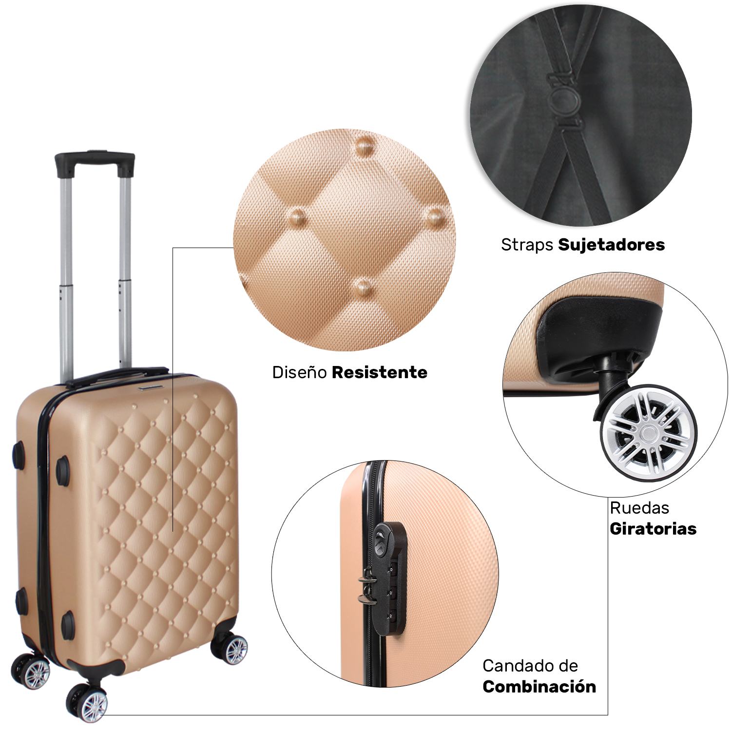 Set Juego 4 Maletas Viaje Ultra Resistentes 4 Ruedas 360 Dorado