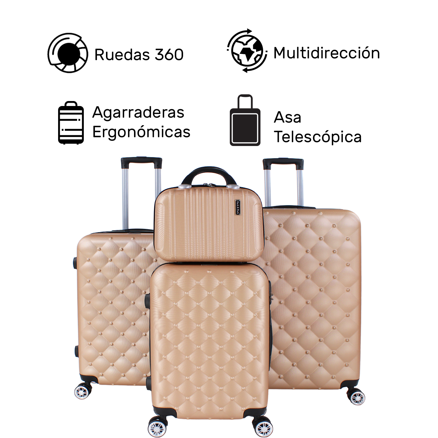 Set Juego 4 Maletas Viaje Ultra Resistentes 4 Ruedas 360 Dorado